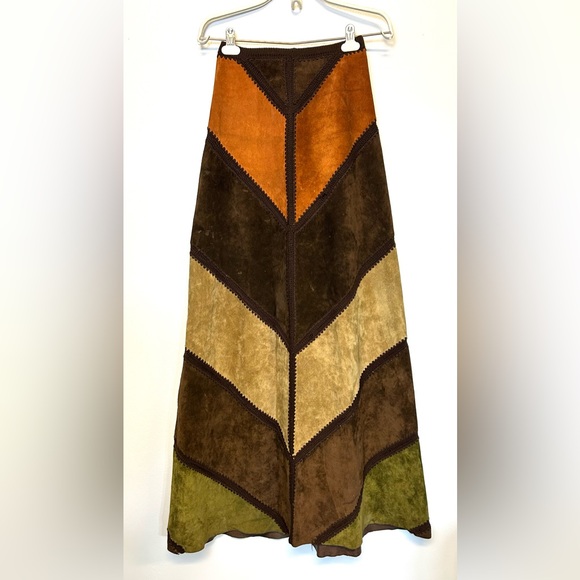 VTG 70s Saks Fifth Avenue Patchwork Suede Maxi Skirt Boho Hippie Chevron Small - Picture 1 of 16